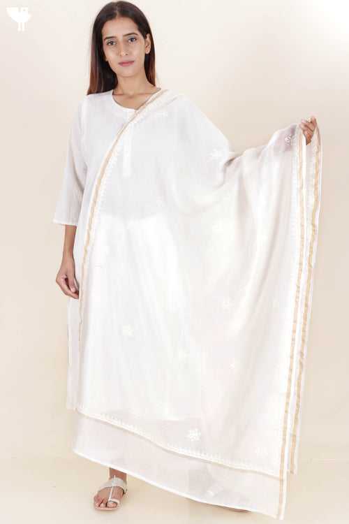 Chanderi Silk Dupatta With Chikankari Embroidery