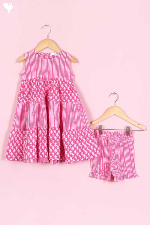 Cotton Frock & Shorts Set In Floral Block Print