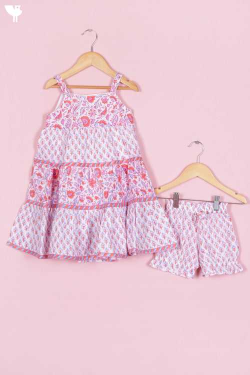 Cotton Frock & Shorts Set In Block Print