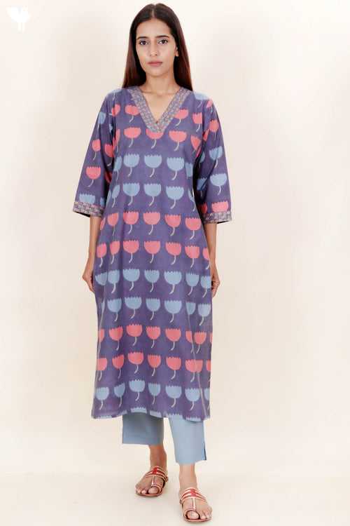 Terry Voile Kurta With Kota Dupatta And Pant In Block Print