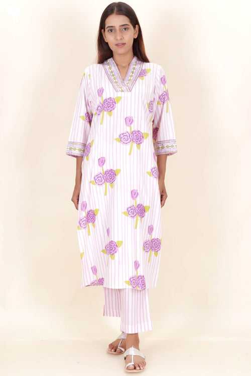 Bizzy Lizzy Cotton Kurta Pant Set With Chiffon Dupatta In Block Print