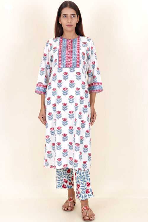 Bizzy Lizzy Cotton Kurta Pant Set With Chiffon Dupatta In Block Print