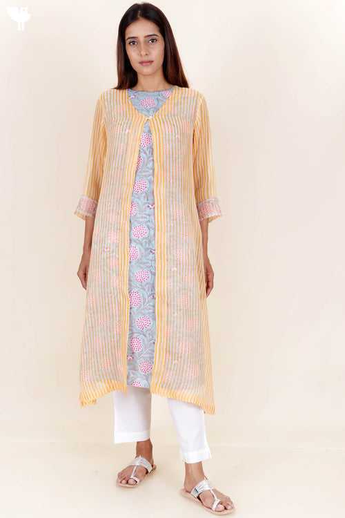 Kota Doria Kurta Pant Set With Dupatta In Block Print