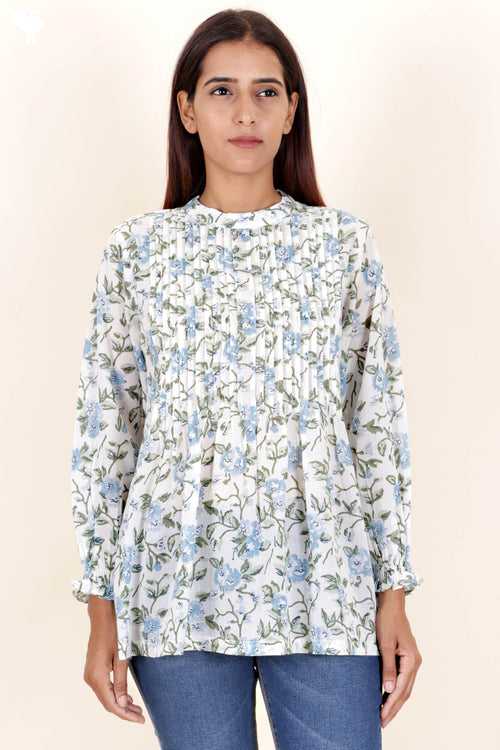 Mulmul Cotton Top In Floral Block Print