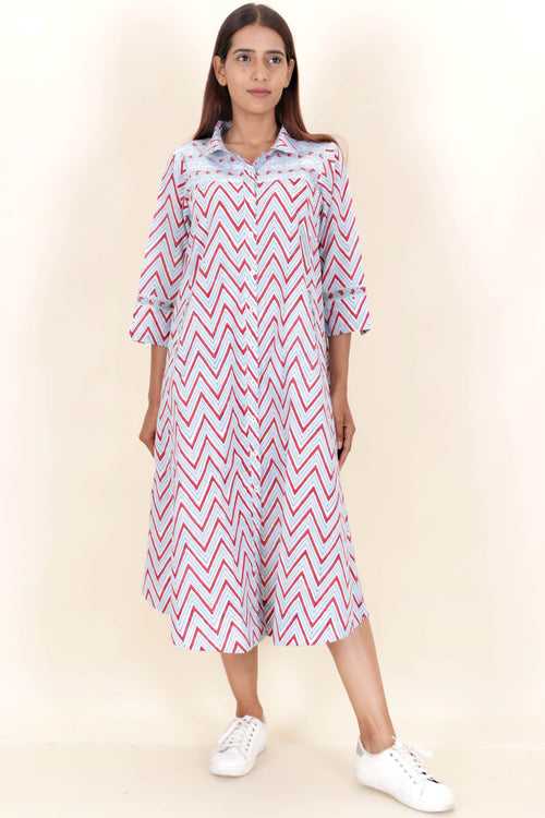 Cambric Cotton Dress In Floral Block Print