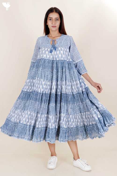 Mulmul Cotton Gathered Dress In Floral Block Print