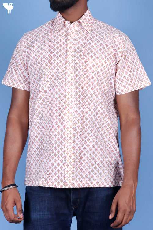 Regular Fit Cambric Cotton Men’s Half Sleeved Shirt In Block Print