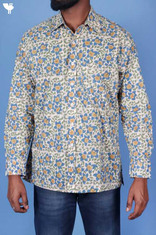Regular Fit Cotton Men’s Full Sleeved Shirt In Block Print
