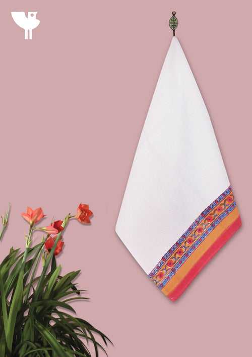 Handloom Cotton Hand Towel With Block Print Border