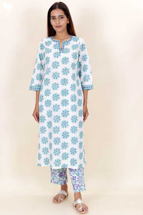 Cotton Kurta And Pant Set With Kota Dupatta In Block Print