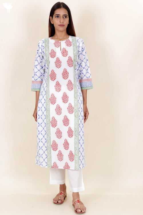 Cambric Cotton Kurta With Kota Dupatta In Floral Block Print