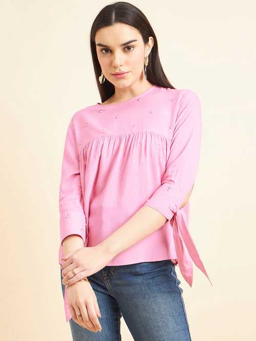 Gipsy Women Solid Embellishment Cotton Pink Top