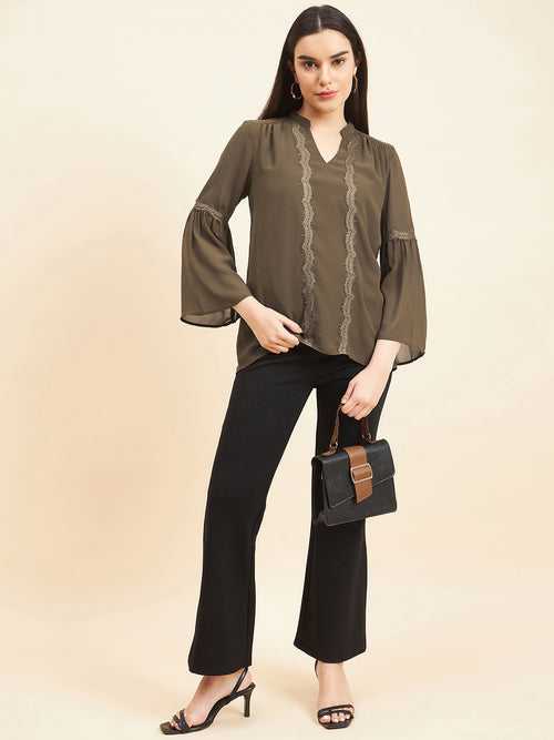 Gipsy Women Print Lace Polyester Olive Tunic