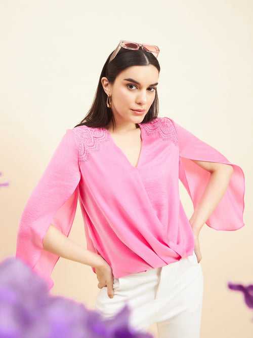 Gipsy Women Solid Lace Satin Bubblegum Pink Top