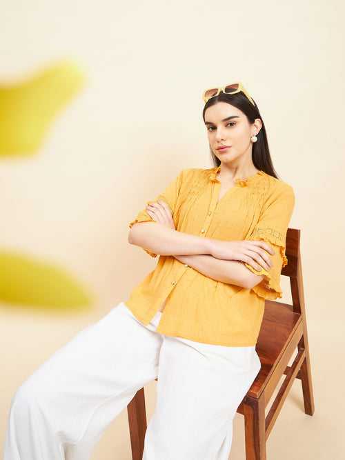 Gipsy Women Solid Lace Cotton Yellow Top