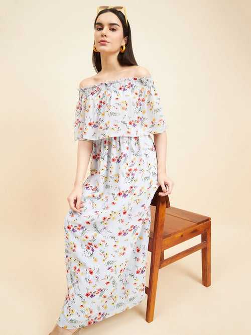 Gipsy Women Print Frill Polyester Maxi Lt Blue Dress