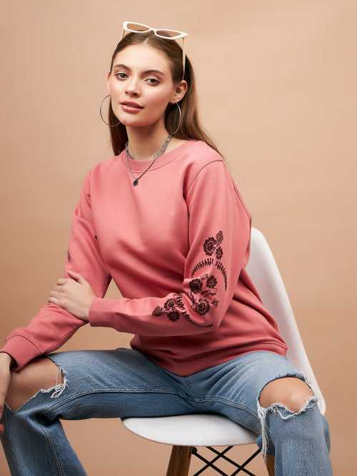 Gipsy Women Round Neck Straight Full Sleeve Cotton/Poly Fabric Dusky Pink Sweatshirt