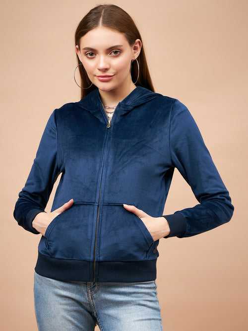 Gipsy Women Hoodie Neck Straight Full Sleeve Cotton/Poly Fabric Navy Sweatshirt