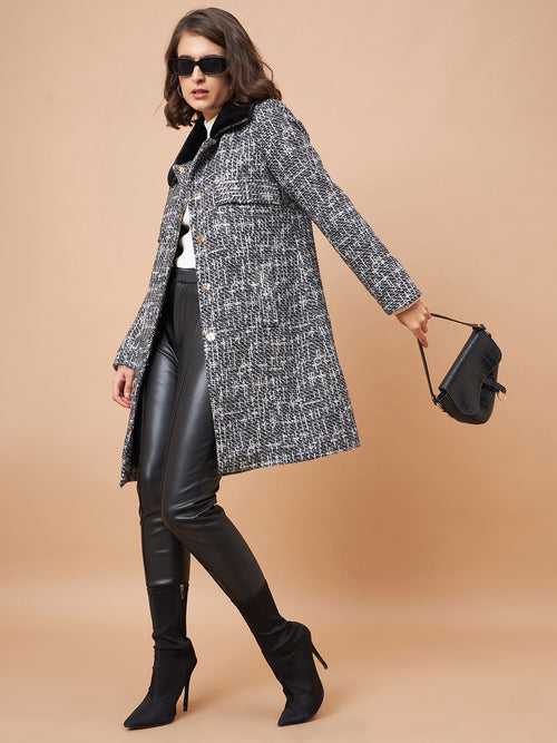 Gipsy Women Flat Collar Straight Full Sleeve Vibgyor Knit Milange Fabric Black Coat