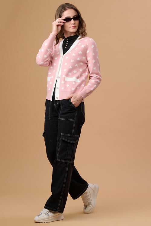 Gipsy Women V-Neck Regular  Full Sleeves Acrylic Fabric Pink Cardigan