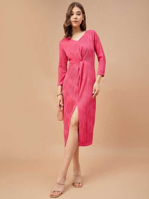 Gipsy Women Fushia Solid Polyester  Flutter Sleeve V Neck Dress