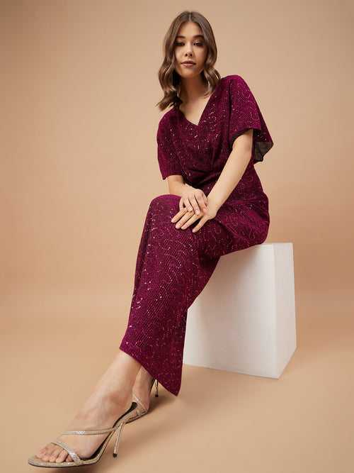 Gipsy Women Fushia Solid Polyester Flutter Sleeve V Neck Dress