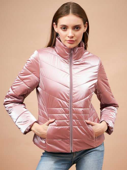 Gipsy Women Stand Collar Neck Straight Full Sleeve Polyester Fabric Pink Jackets