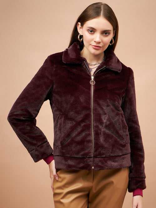 Gipsy Women Flat Collar Straight Full Sleeve Polyester Fabric Dark Wine Jackets