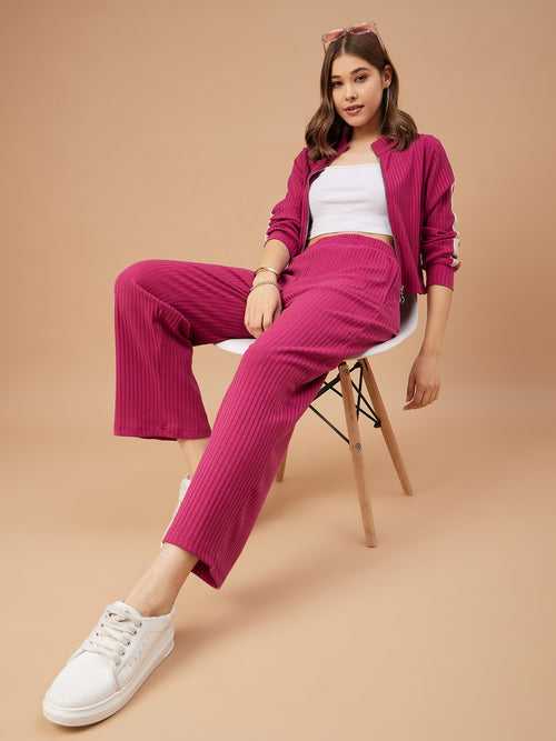 Gipsy Women Fushia Solid Poly Knit Regular Sleeve Mandarin Collar Co-Ord Set