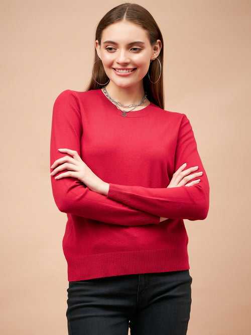 Gipsy Women Round Neck Straight Full Sleeve Acrylic Fabric Red Sweaters