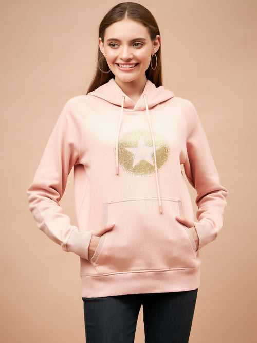 Gipsy Women Hooded Neck Regular  Full Sleeves Cotton/Poly Fabric Putty Pink Sweatshirt