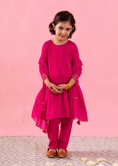 Rani Pink Pintucks Anarkali Set