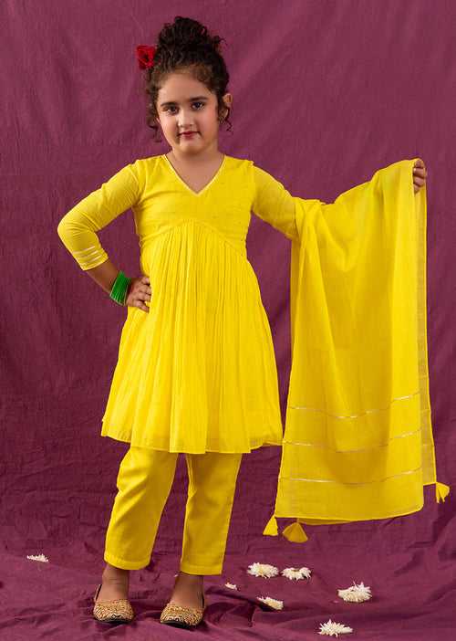 Neon Yellow Cross Gather Anarkali Set