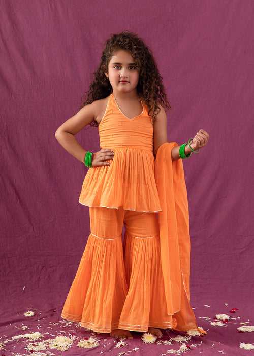 Orange Halter Peplum Top And Sharara Set