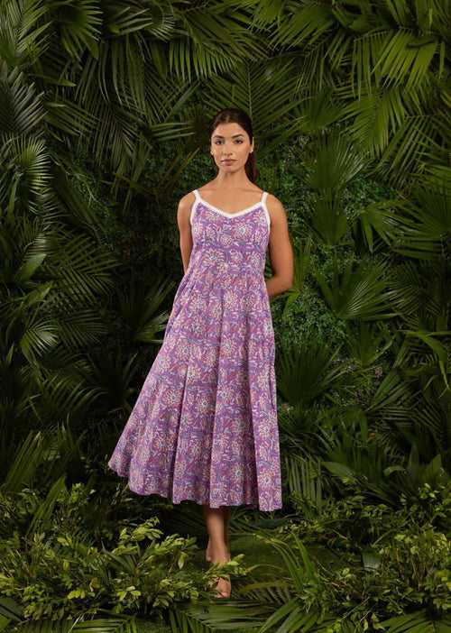 Purple Printed Lacey Sleeveless Dress