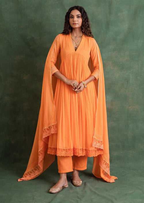 Orange Collar Neck Anarkali Set