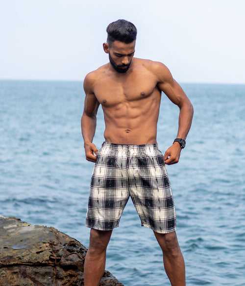 Grey-Black-White Checks Ikat Mens Shorts