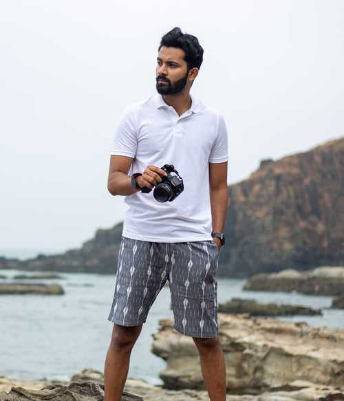 Grey-White Striped Ikat Mens Shorts