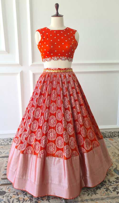 Orange Kanchipuram Crop Top Skirt