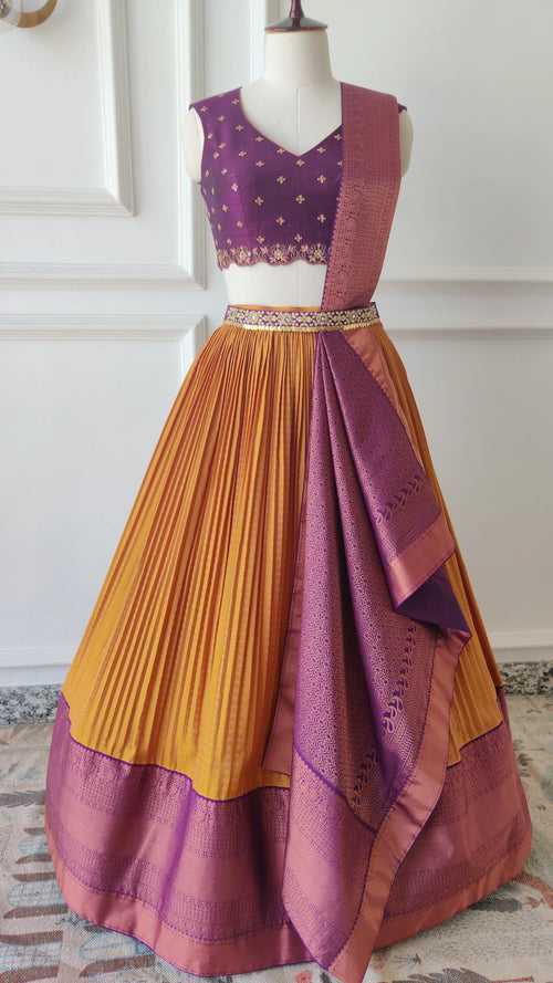 Mustard Yellow & Purple Pre-Draped Lehanga Set