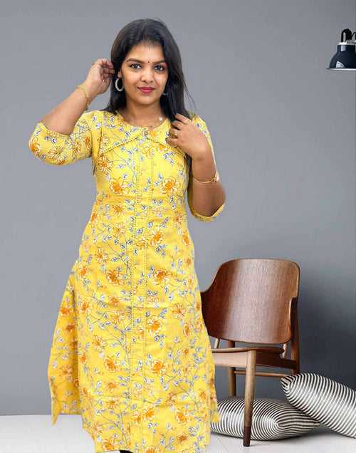 300324A (E3195) PREMIUM COTTON A-LINE KURTI - Yellow