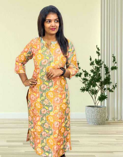 130424B (E3195) SOFT CHANDERI PRINTED KURTI - Mustard Yellow