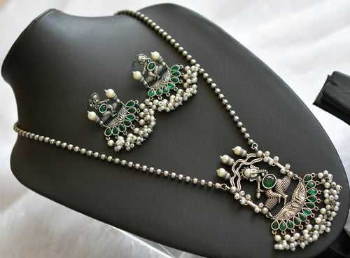 Silver tone green-pearl ganesha haar set dj-46464