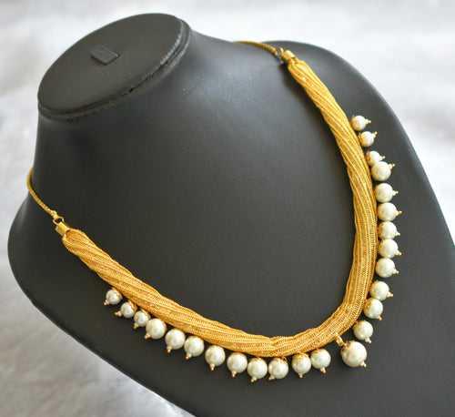 Gold tone pearl beaded stone chain necklace dj-46485