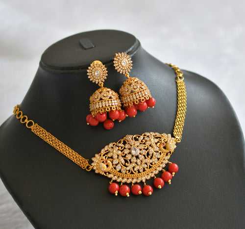 Matte finish cz white-coral beads peacock choker necklace set dj-46574