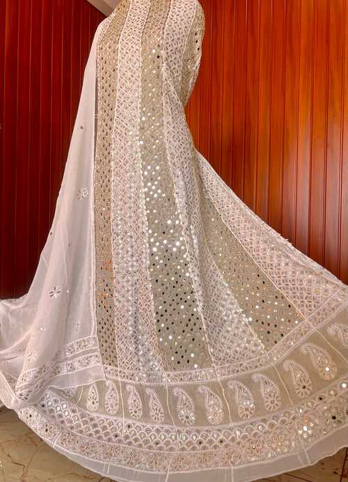 White Chikankari Mirror Gota Sequins Work Anarkali with Dupatta