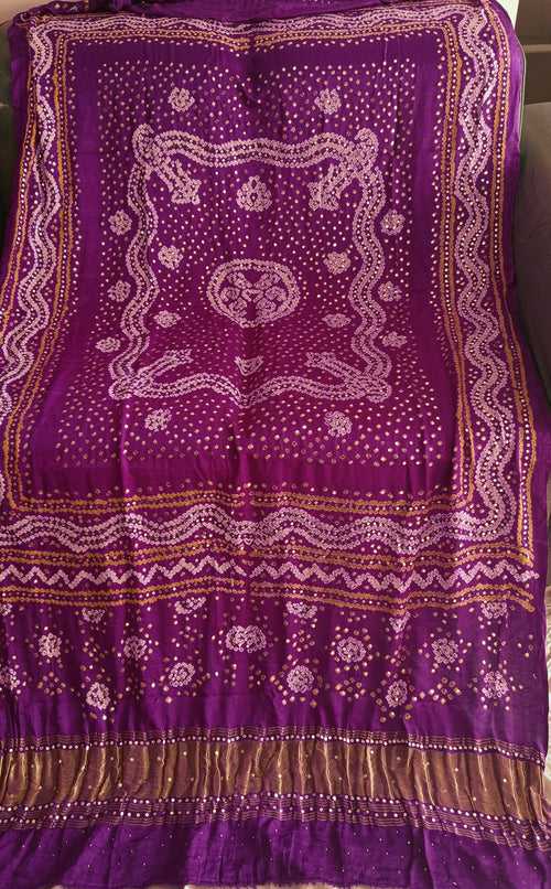 Purple Gajji Silk Bandhej dupatta with mukaish work