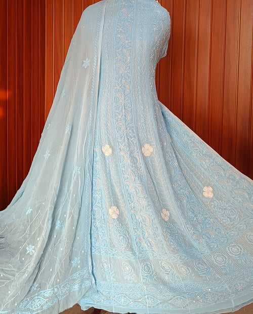 Sky Blue Chikankari Pearl Cut Dana Sequins Embroidered Anarkali with Dupatta
