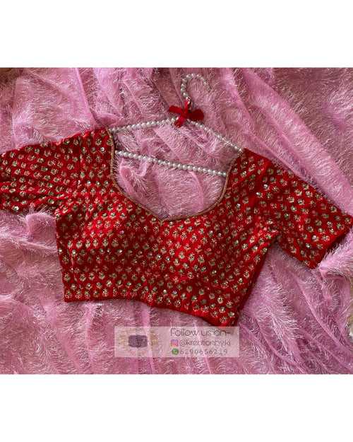 Red Handembroidered Floral Bridal Blouse Piece