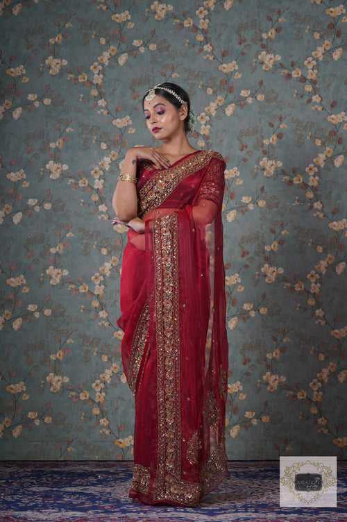 Red Glass Tissue Prajoti Saree